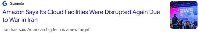 Gizmodo headline about Amazon cloud facilities disrupted by war in Iran